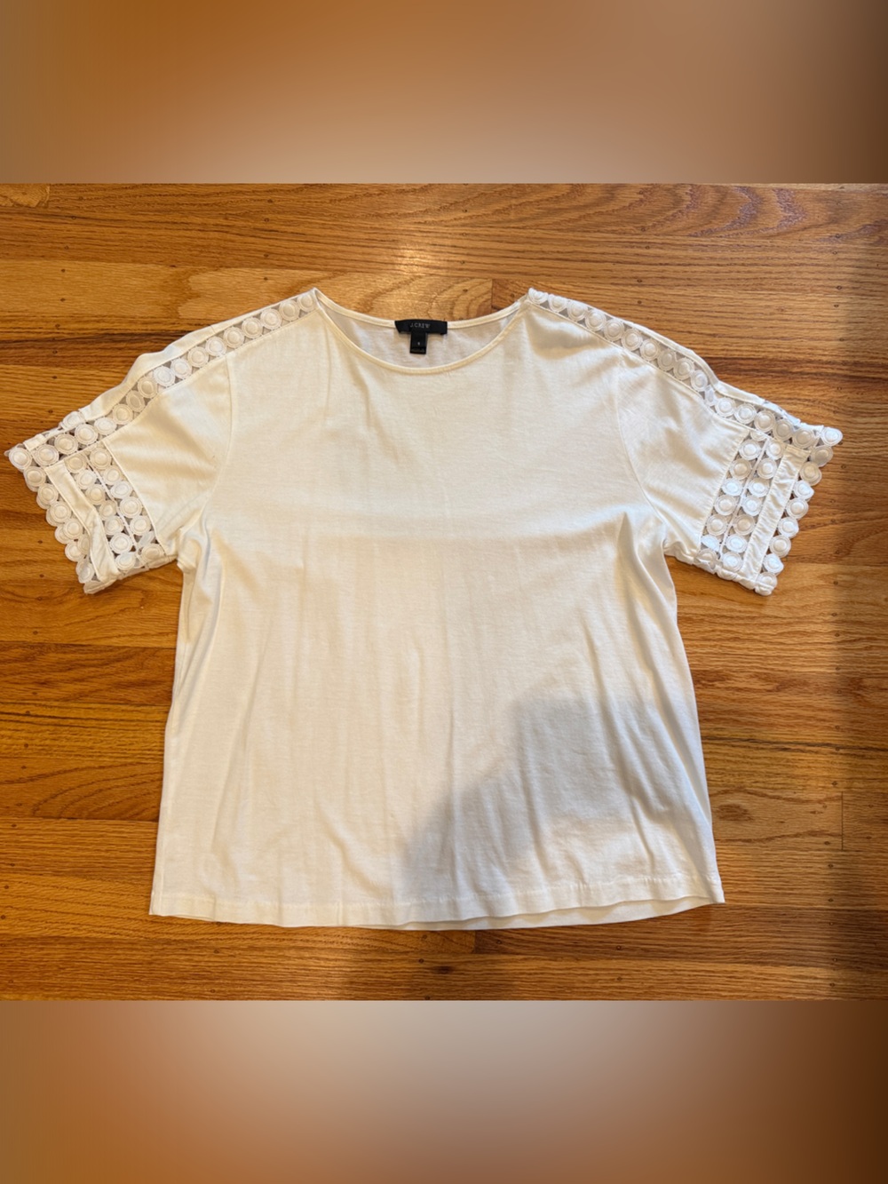 J. Crew White Short Sleeve Tee with Crochet Sleeve Detail